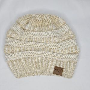 C.C. Womens beanie White Gold Stretch Ribbed Knit Winter Cap Hat